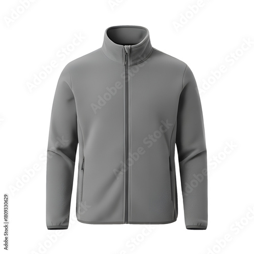 Grey Winter Fleece Jacket, Isolated Front View on Transparent Background