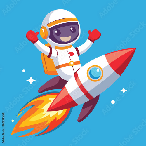 Happy cartoon astronaut flying on a rocket through space, celebrating a successful launch and cosmic adventure