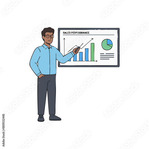 Professional businessman presenting sales performance data with insightful charts on a whiteboard, highlighting growth strategies and financial analysis in a meeting