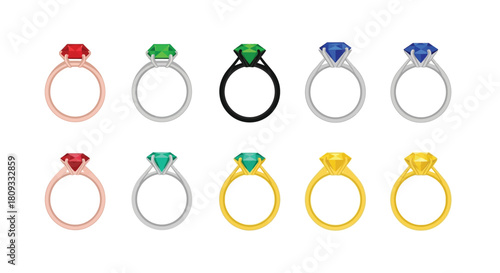 A collection of elegant engagement rings featuring various gemstone colors and metals