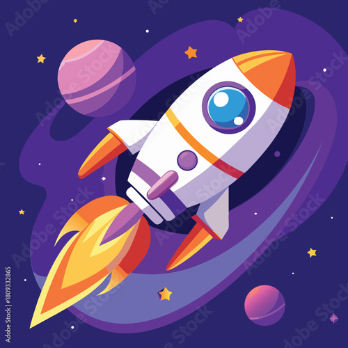Cartoon rocket flying through deep space with planets and stars, illustrating cosmic exploration and adventure