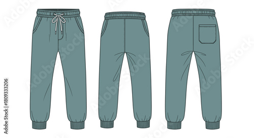 Fashion technical drawing of teal blue casual jogger pants with drawstring
