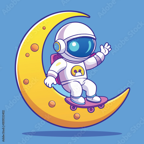 Cute astronaut character skateboarding on a crescent moon in space, a whimsical cosmic adventure illustration