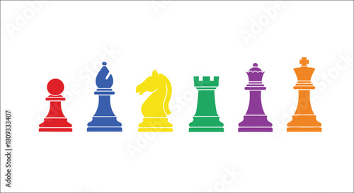A colorful row of chess pieces pawn knight bishop rook queen and king