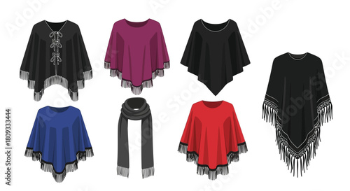 A collection of colorful women s ponchos and wraps with fringe detailing