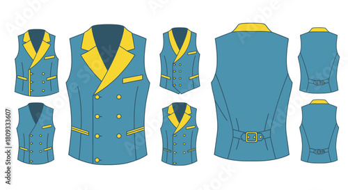 Illustrations of blue and yellow uniform vests and jackets in various styles