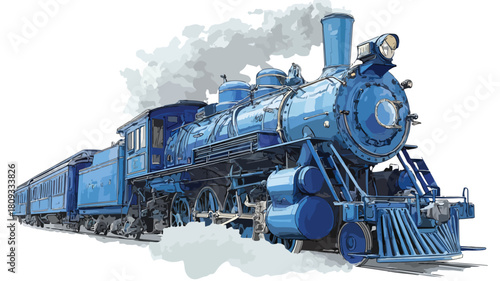 Blue Train with Smoke Emitting from Engine Top - Transportation Concept