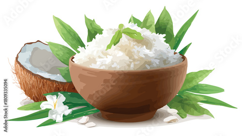 Exotic Bowl of Rice with Leaves and Coconut Art Vector