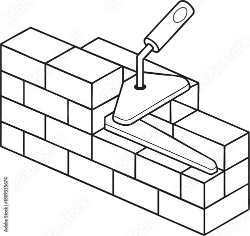 Isometric brick wall under construction with masonry trowel line art illustration for building design concept