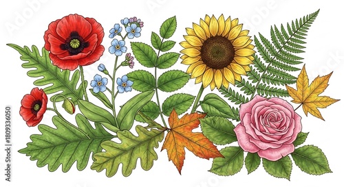 Conceptual botanical illustration showcasing a vibrant arrangement of diverse seasonal flowers and foliage, celebrating nature's beauty and variety.