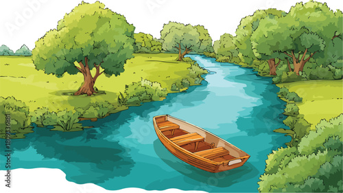 Whimsical Cartoon Illustration of Boat Floating on River with Trees