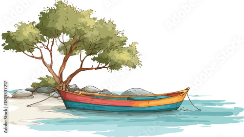 Boat Beach Tree Cartoon Illustration