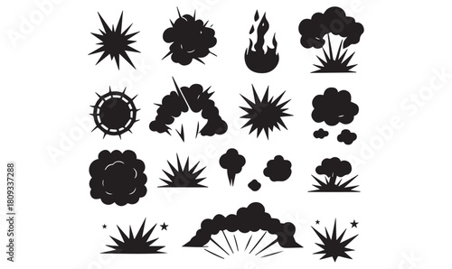 Explosion Silhouette Icon Set – Comic Style Smoke and Burst Effects