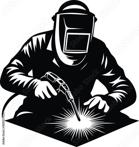 Welder Working with Welding Torch and Sparks vector illustration isolated on white background