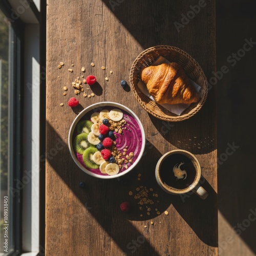 Top-down flat lay of a healthy breakfast. Acai smoothie bowl with fresh fruit, granola, coffee, and a croissant on a rustic wooden table with window light.