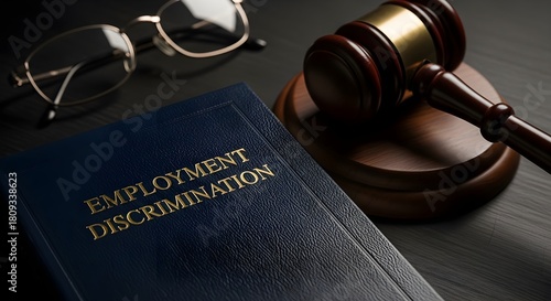 Employment discrimination law book with gavel and glasses