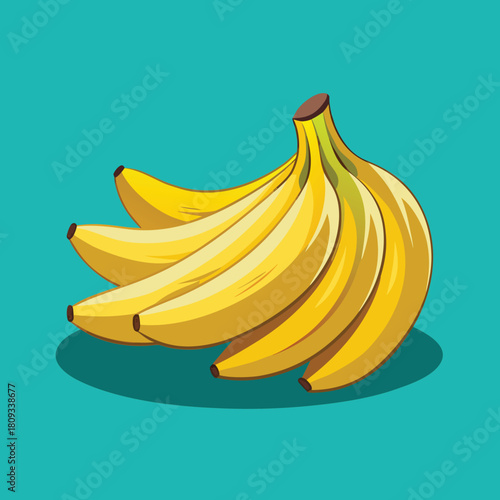 A bunch of ripe yellow bananas, a healthy and sweet tropical fruit, on a vibrant teal background