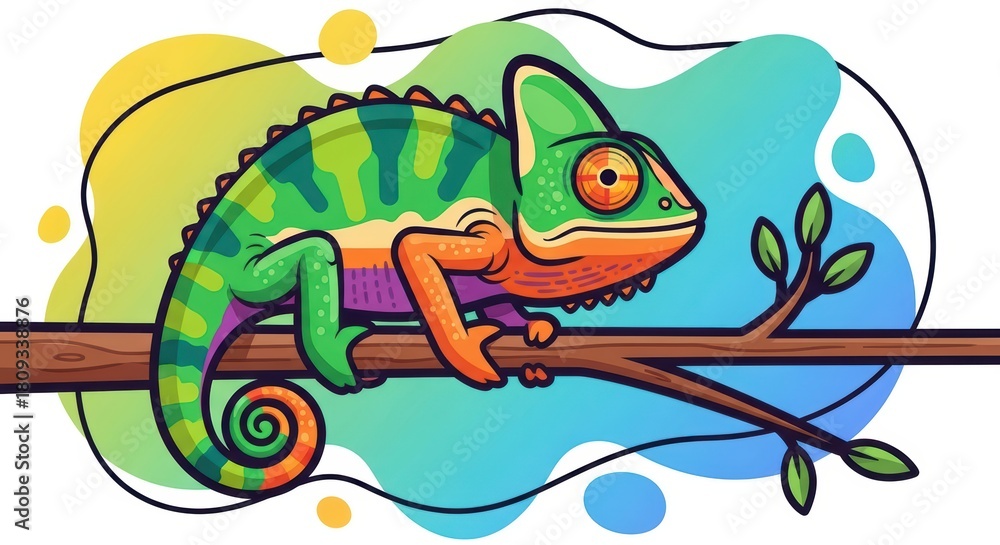 Obraz premium Colorful chameleon on branch with vibrant background