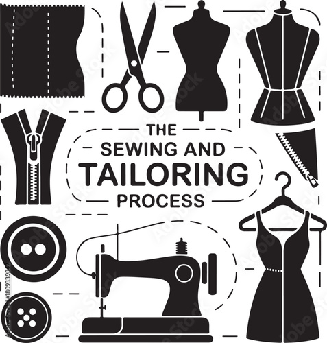 Sewing machine, mannequin dummy, dressmaking scissors, tailoring tools, needle thread, fashion design, handmade craft