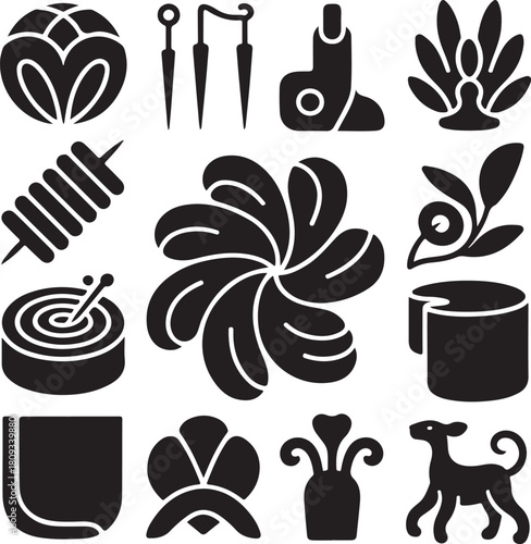 Cultural icons, traditional symbol, asian festival, lucky bag, lotus flower, food skewer, embroidery