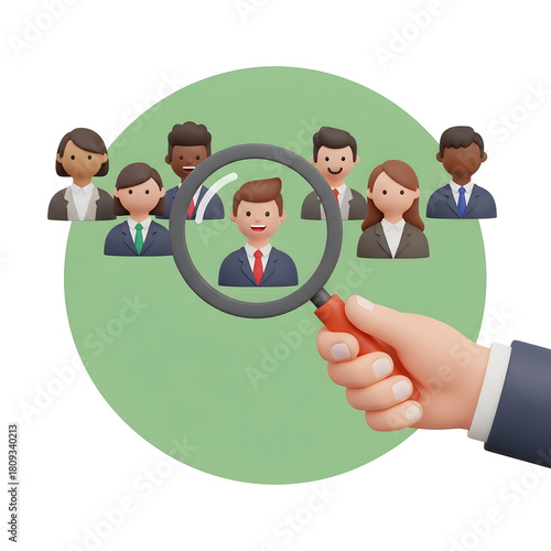 Hand holding magnifying glass over diverse cartoon people figures on green circle background