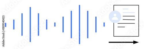Blue soundwave transitioning into a user profile with text on a document. Ideal for technology, AI, productivity, communication, transcription, digital tools, automation. Simple flat metaphor