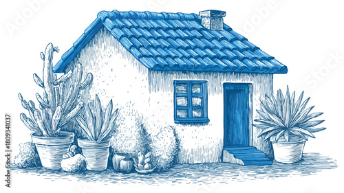 Blue House with Blue Roof and Plant Drawing for Real Estate and Architecture Projects