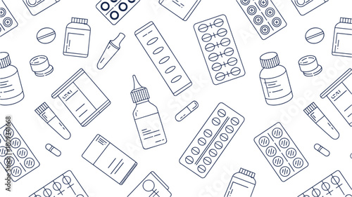 Pharmacy medicines seamless pattern background medical pills tablets capsules healthcare drugs prescription remedy