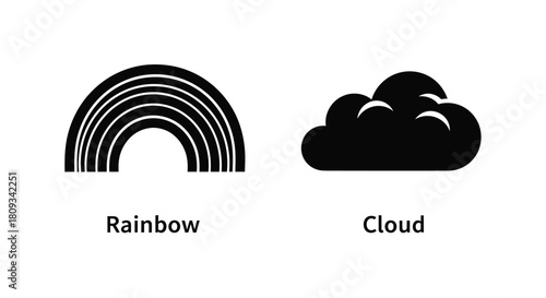 A simple graphic illustration of a rainbow and a cloud both in black