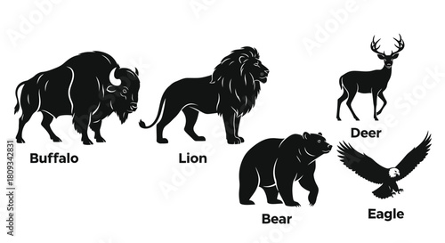 Silhouette illustrations of a bison lion deer bear eagle and wildlife
