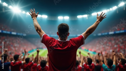 Triumphant Red Shirt Player Raises Arms in Stadium with Cheering Spectators