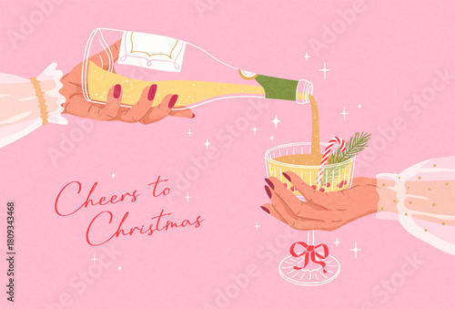 Hand drawn card of Merry Christmas with champagne. Vintage illustration with female hands holding drink and pouring it from a bottle into a glass. Trendy design for poster, cover, invitation, banner