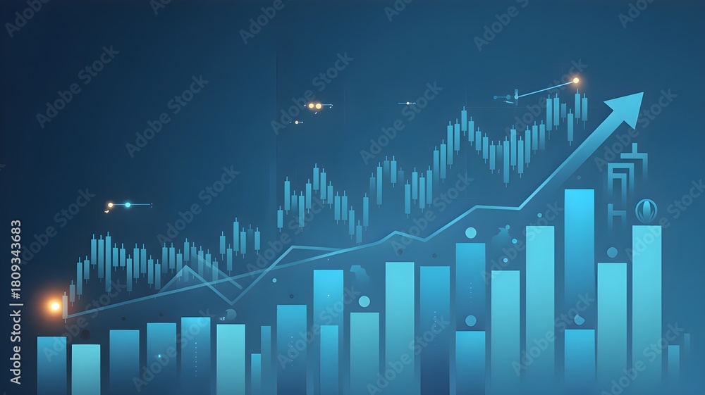 Naklejka premium Rising financial chart showing market growth with upward trend lines and glowing indicators across blue background