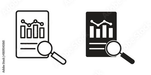 Analytics report icon symbol in filled and line style. Vector icon collection