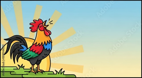 Colorful rooster crowing at sunrise over green hills
