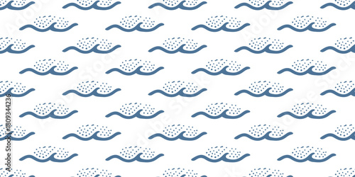 A repeated pattern of blue wave illustrations with dots on a white background creating a simple design
