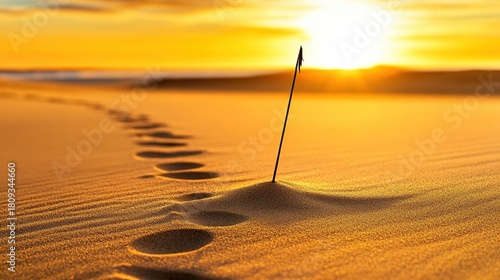 sedition. Broken flagpole in sandy ground with retreating footprints, sunset symbolic of surrender. inspiring travel planning.