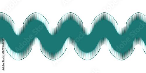 A wavy teal design with a dotted line and short vertical lines on a white background pattern graphic
