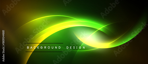Abstract vibrant lines create flowing neon effect. Dark background emphasizes bright curves, text reads background design.