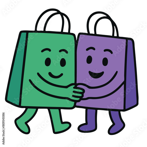 Friendly shopping bag, happy cartoon, cute mascot, retail icon, playful