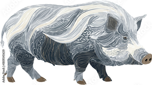 Detailed Gray and White Animal Drawing with Line Art - Unique Wildlife Illustration