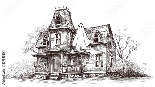 Spooky Ghost Haunting House Vector Illustration for Halloween Designs