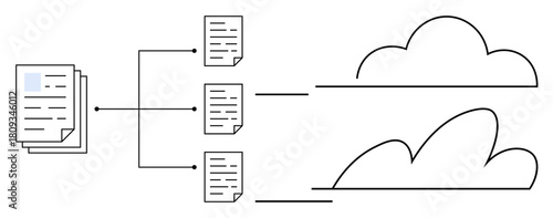 Stack of papers connected to individual documents and cloud storage. Ideal for data management, cloud computing, efficiency, paperless work, digital transformation, organization, simple flat metaphor