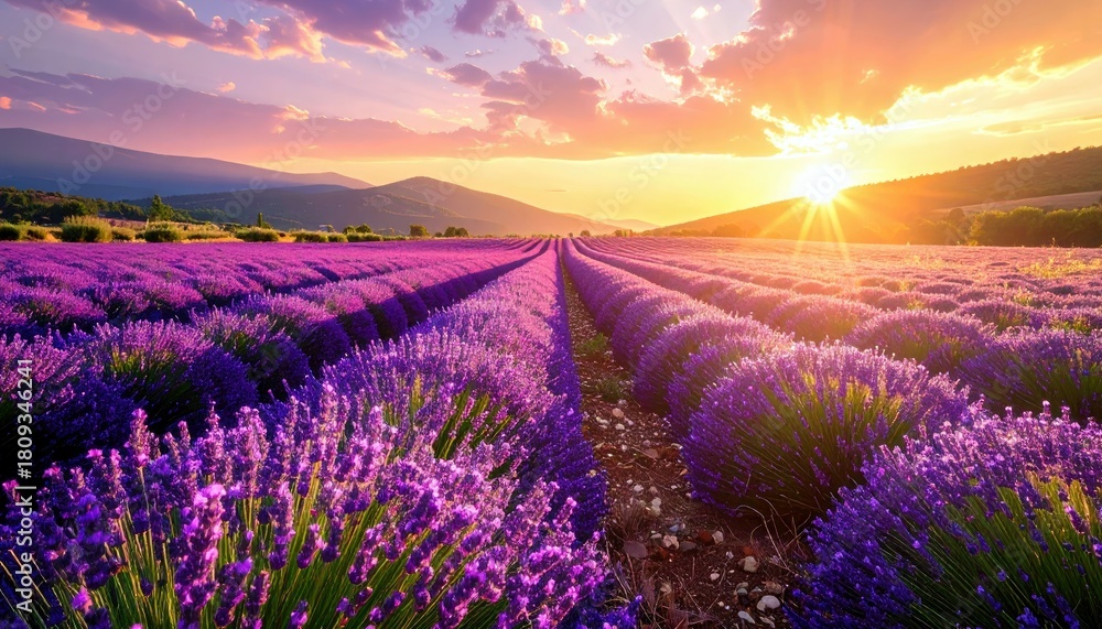 Naklejka premium A breathtaking view of a sprawling lavender field under a vibrant sunset, with rolling hills and a colorful sky.