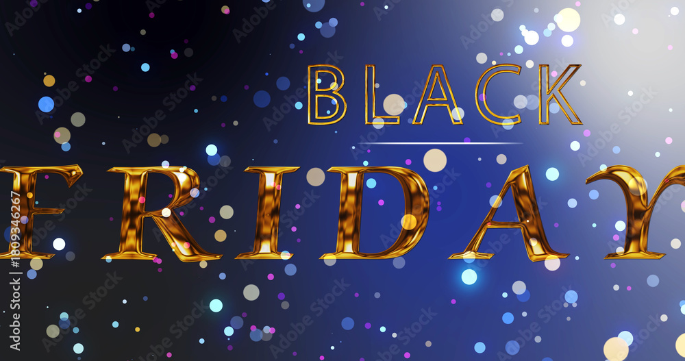 Naklejka premium Cinematic Gold Black Friday typographic animated particle flowing bg. Sales business expansion, advertisement backdrop for promotion of Mid night discount. Deal of the day, best offer of the year