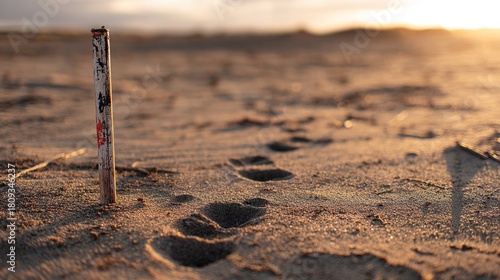 sedition. Broken flagpole in sandy ground with retreating footprints, sunset symbolic of surrender. inspiring travel planning.