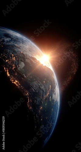 Earth rising from space, sunrise view, beautiful planet, stunning view, celestial body, cosmic landscape.