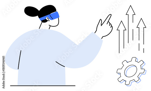 Female figure wearing VR headset pointing at upward arrows symbolizing growth, next to a gear. Ideal for innovation, technology, strategy, virtual experiences, progress, analysis, and future