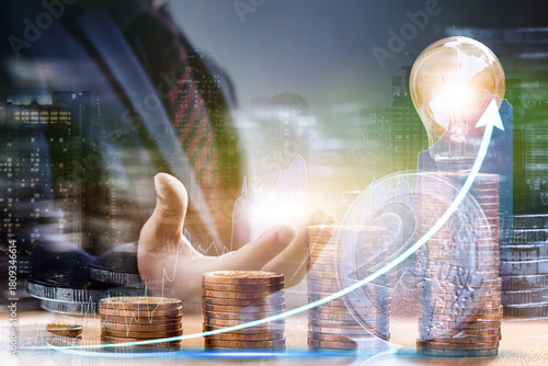 Double exposure of stock market graph and businessman with step of coin. financial stock exchange marketing for 2026 concept.	
