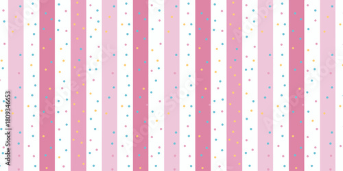 Pink and white striped background with small colorful dots scattered across the entire surface area view